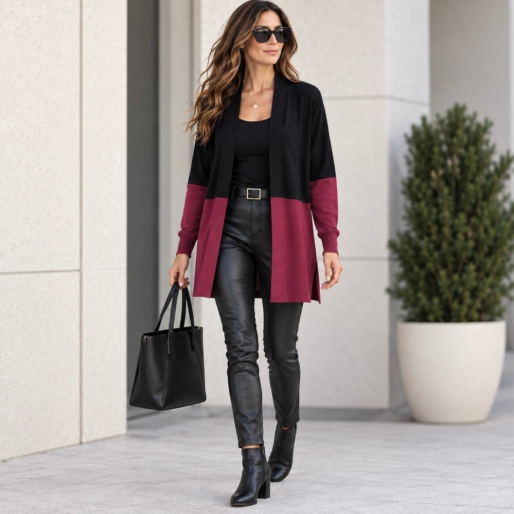 Rafiana Open Front Cardigan Womens Medium Long Knit Sweater Black Burgundy NWT